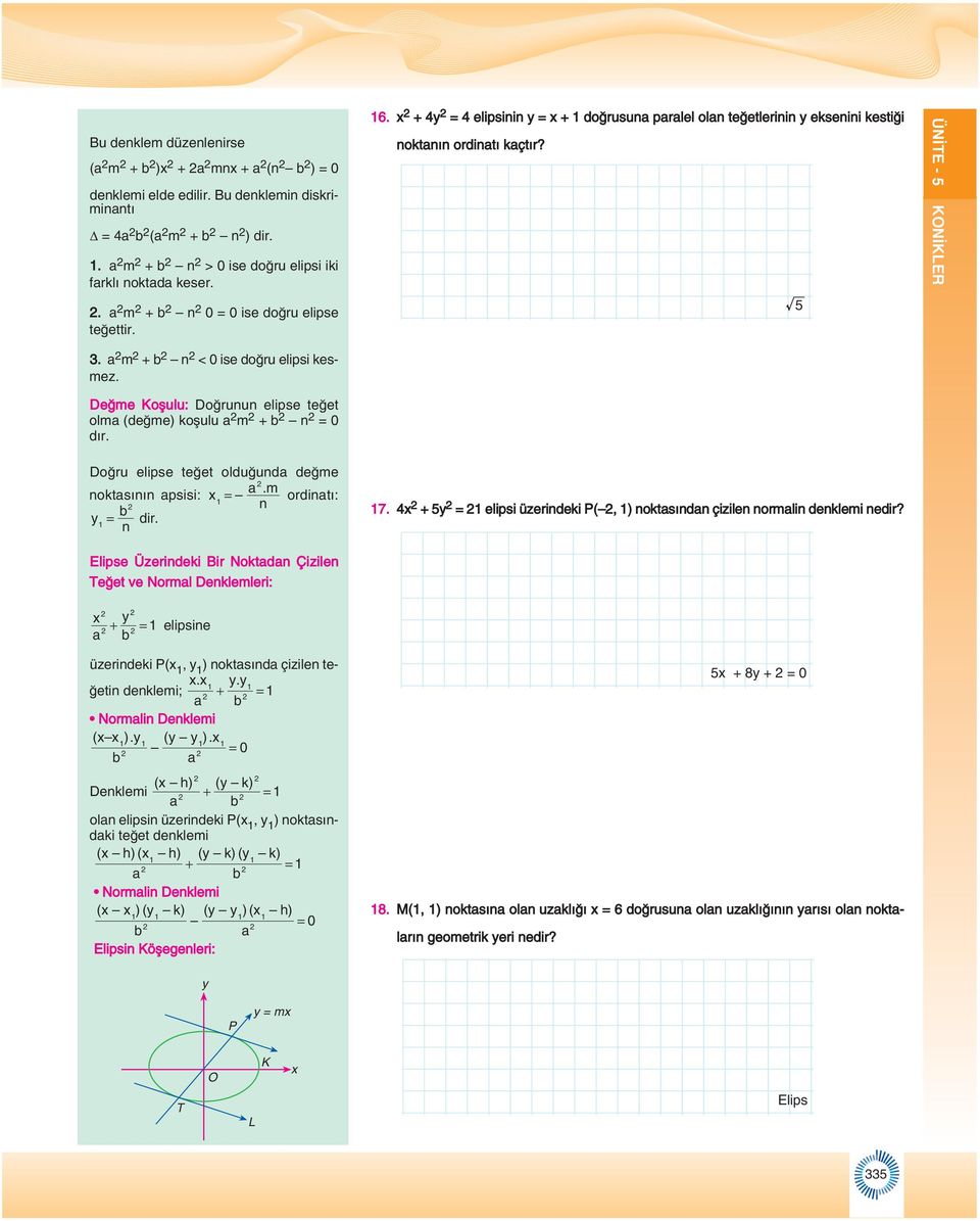 + = elipsinin = + doğrusun prlel oln teğetlerinin eksenini kestiği noktnın ordintı kçtır? ÜNİTE - Doğru elipse teğet olduğund değme. m noktsının psisi: = ordintı: n = dir.