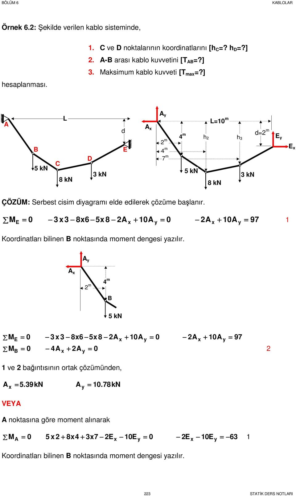 ] kn C L 8 kn kn d E m h h m m 7 m kn L m 8 kn kn d m E E ÇÖZÜM: Serest cisim digrmı elde edilerek çözüme şlnır.
