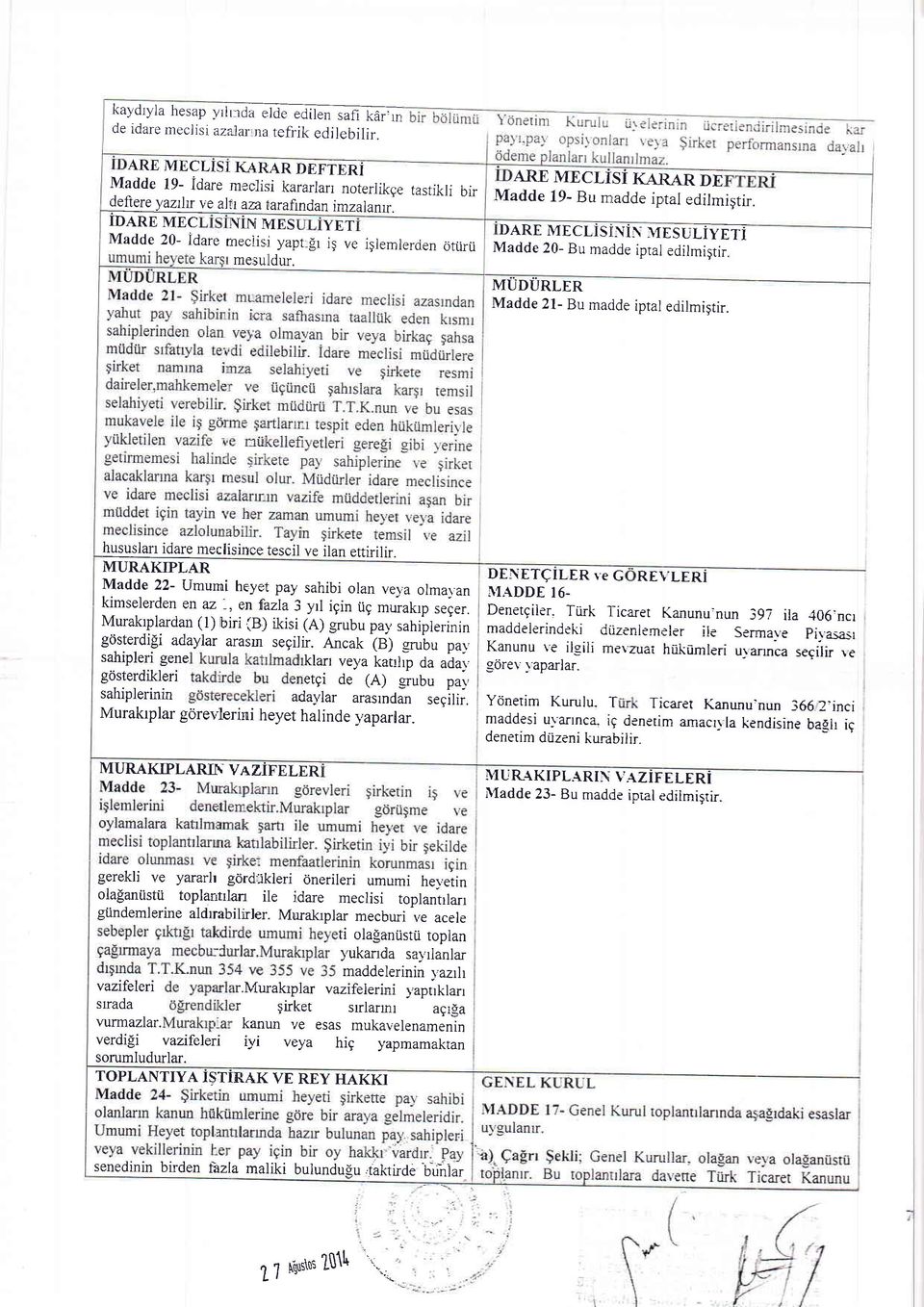 Madde 20- Bu madde ipral edilmigtir. MUDURLER Madde 2l- Bu madde iptal edilmi5tir. hususlarr idare meclisince tescil ve ilan ettirilir.