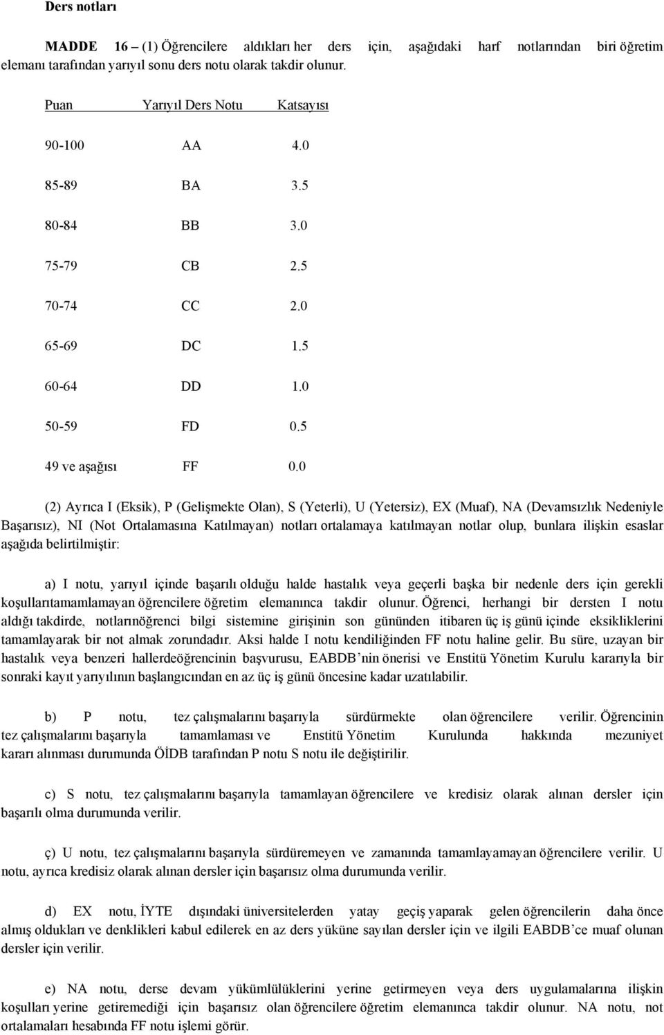 0 (2) Ayrıca I (Eksik), P (Gelişmekte Olan), S (Yeterli), U (Yetersiz), EX (Muaf), NA (Devamsızlık Nedeniyle Başarısız), NI (Not Ortalamasına Katılmayan) notları ortalamaya katılmayan notlar olup,