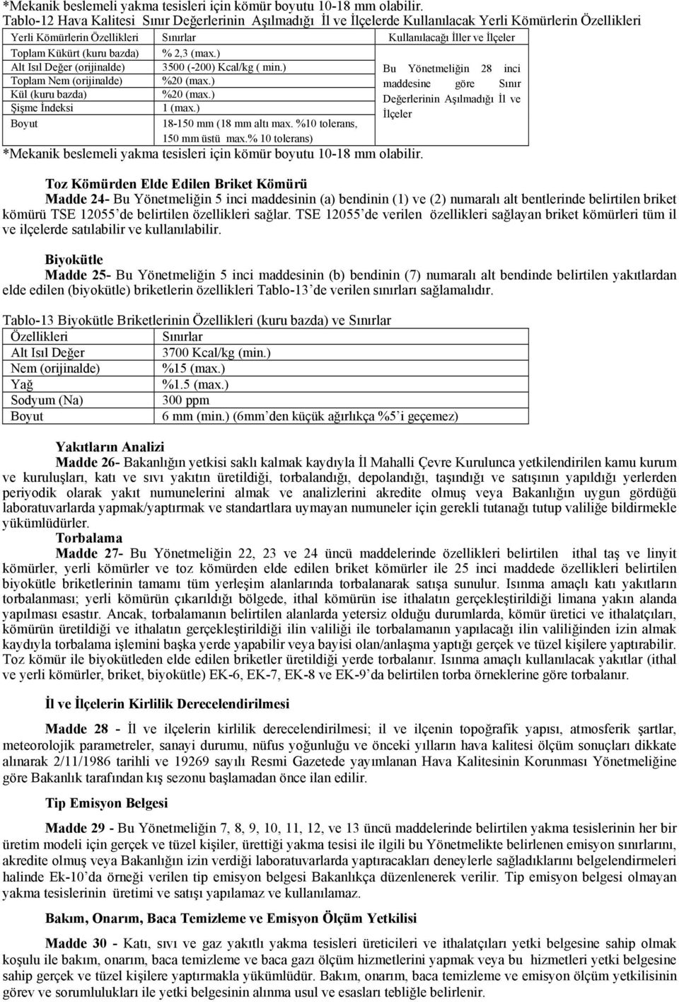 bazda) % 2,3 (max.) Alt Isıl Değer (orijinalde) 3500 (-200) Kcal/kg ( min.) Bu Yönetmeliğin 28 inci Toplam Nem (orijinalde) %20 (max.) maddesine göre Sınır Kül (kuru bazda) %20 (max.