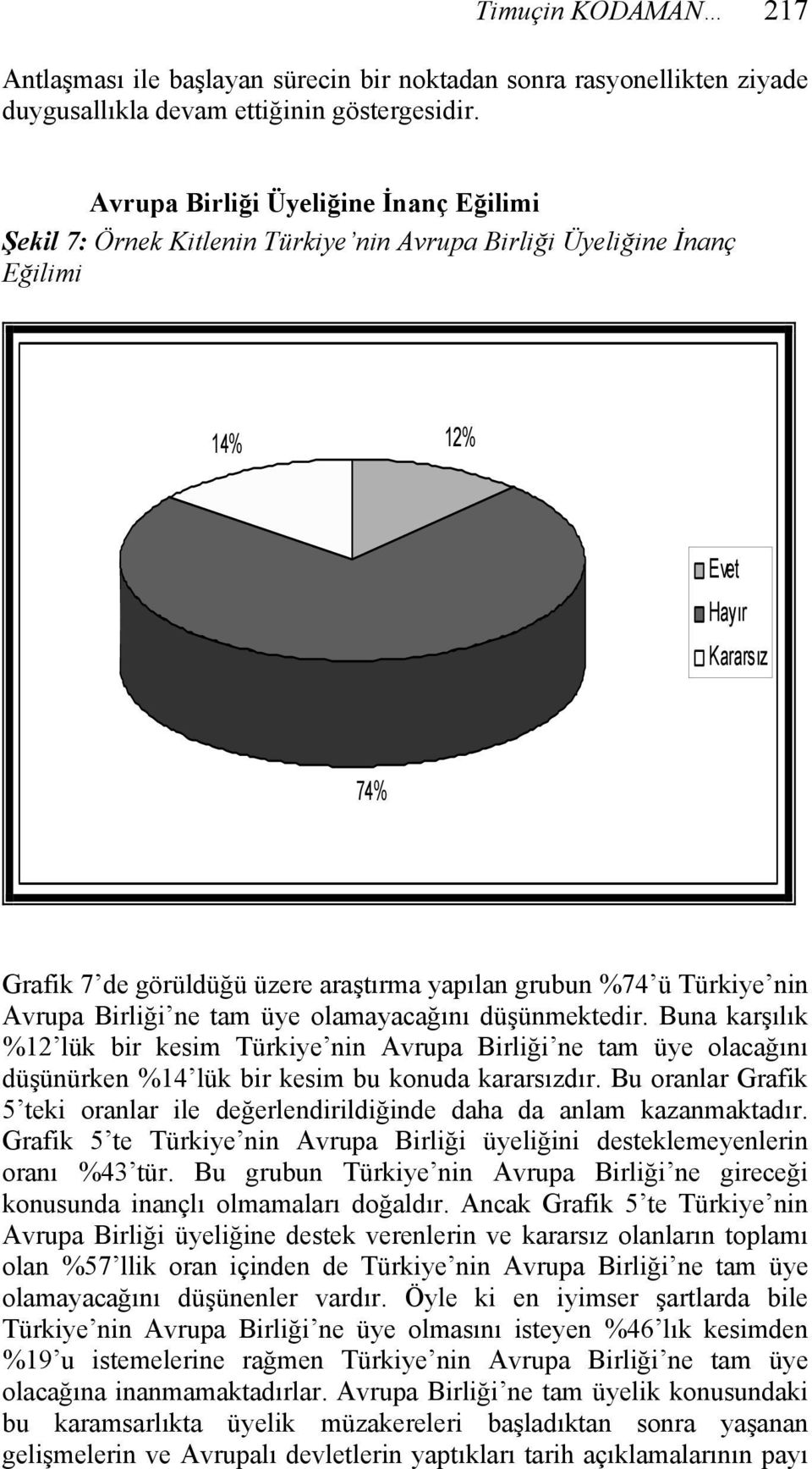 %74 ü Türkiye nin Avrupa Birliği ne tam üye olamayacağını düşünmektedir.