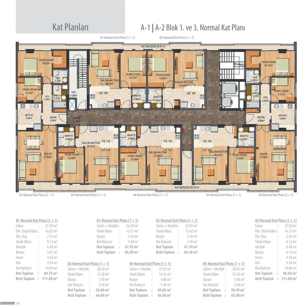 Planı (2 + 1) Salon : 27.50 m 2 Ebv. Yatak Odası : 16.02 m 2 Ebv. Duş : 2.72 m 2 Yatak Odası : 8.12 m 2 Mutfak : 8.48 m 2 Banyo : 3.81 m 2 Antre : 4.56 m 2 Hol : 3.54 m 2 Kat Bahçesi : 10.