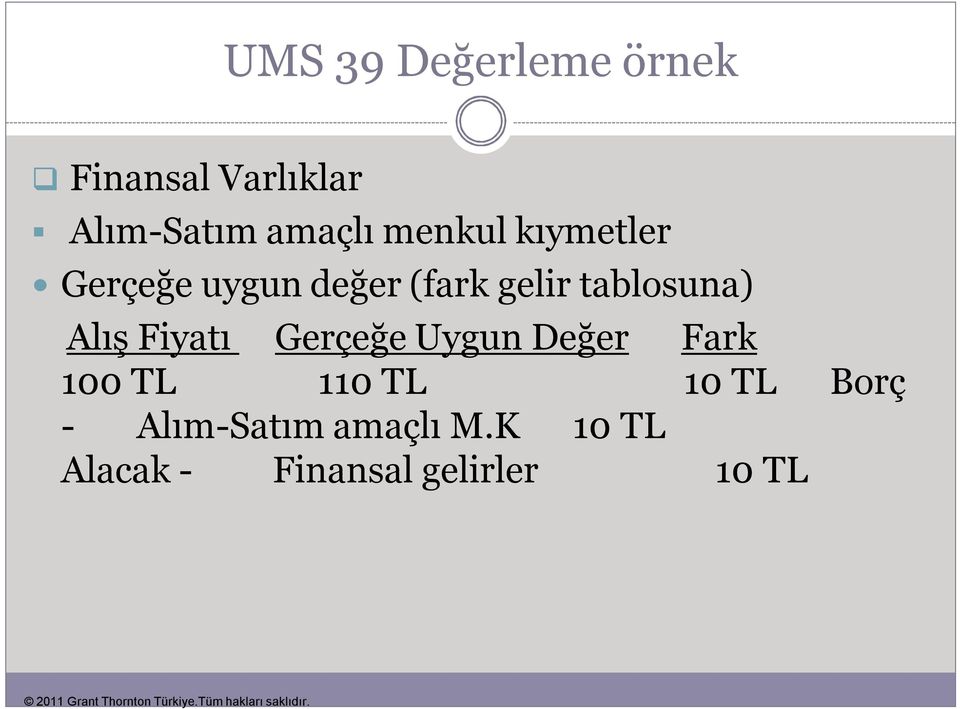 Alış Fiyatı Gerçeğe Uygun Değer Fark 100 TL 110 TL 10 TL