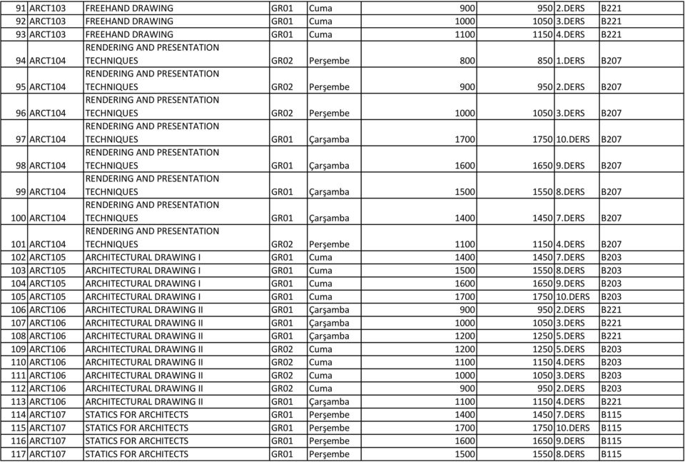 DERS B207 96 ARCT104 RENDERING AND PRESENTATION TECHNIQUES GR02 Perşembe 1000 1050 3.DERS B207 97 ARCT104 RENDERING AND PRESENTATION TECHNIQUES GR01 Çarşamba 1700 1750 10.