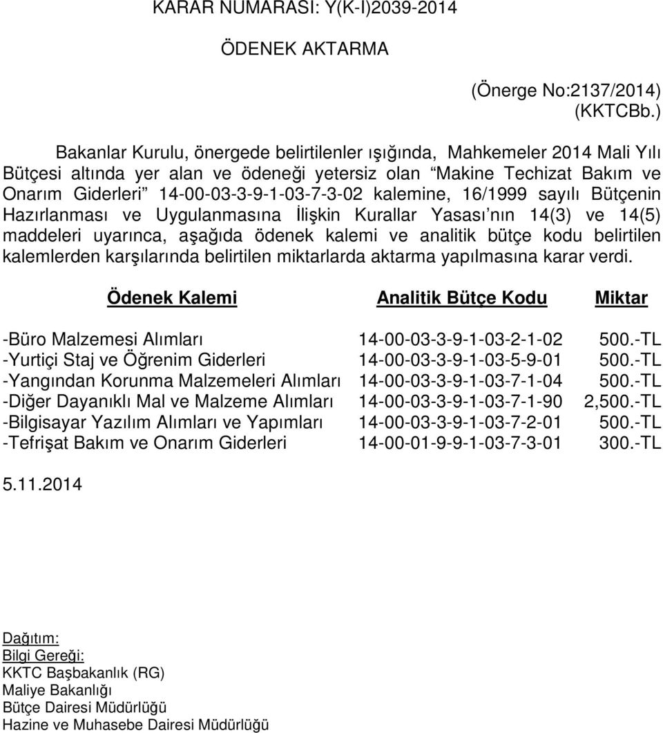 kalemine, 16/1999 sayılı Bütçenin Hazırlanması ve Uygulanmasına İlişkin Kurallar Yasası nın 14(3) ve 14(5) maddeleri uyarınca, aşağıda ödenek kalemi ve analitik bütçe kodu belirtilen kalemlerden