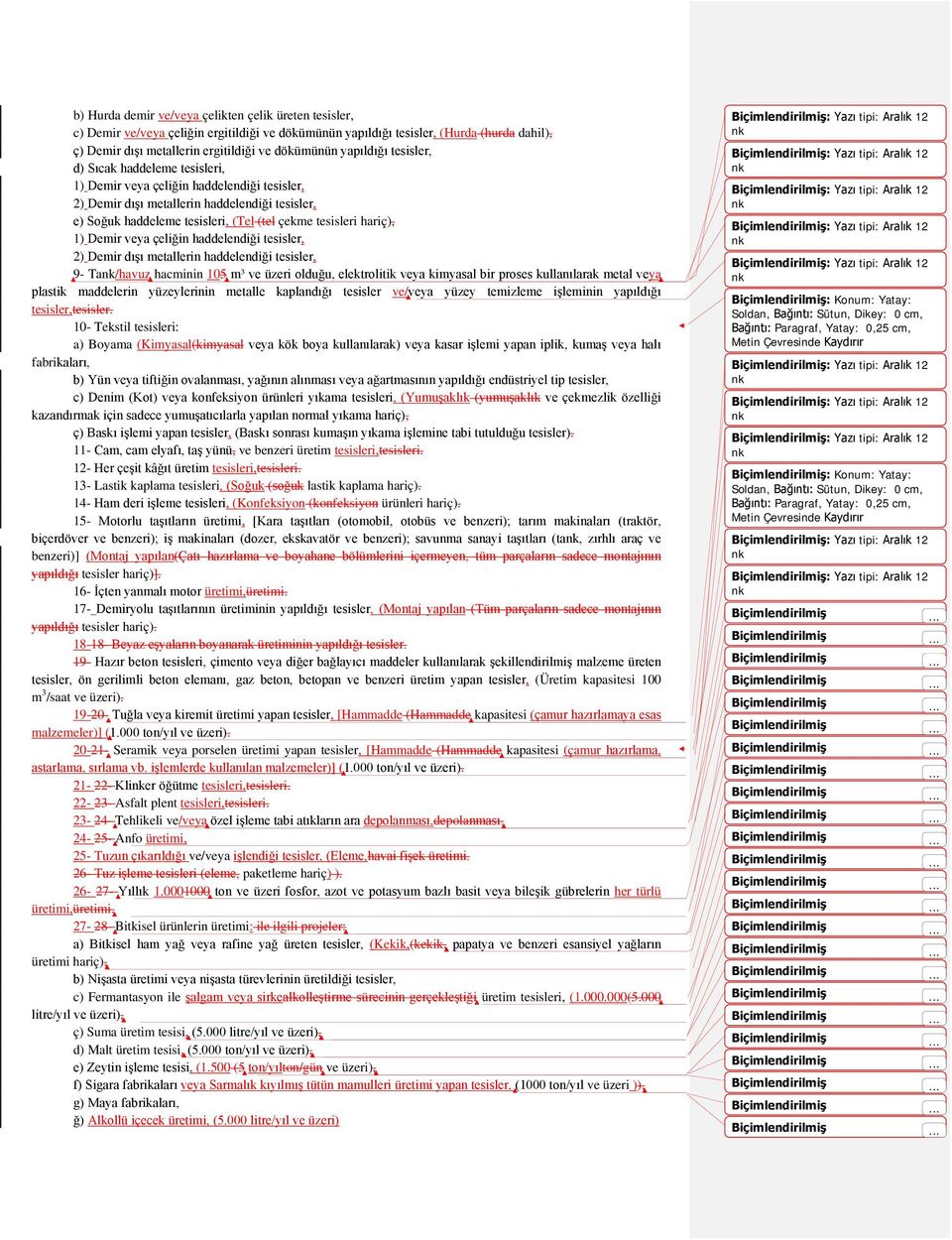 hariç), 1) Demir veya çeliğin haddelendiği tesisler, 2) Demir dışı metallerin haddelendiği tesisler, 9- Ta/havuz hainin 105 m³ ve üzeri olduğu, elektrolitik veya kimyasal bir proses kullanılarak