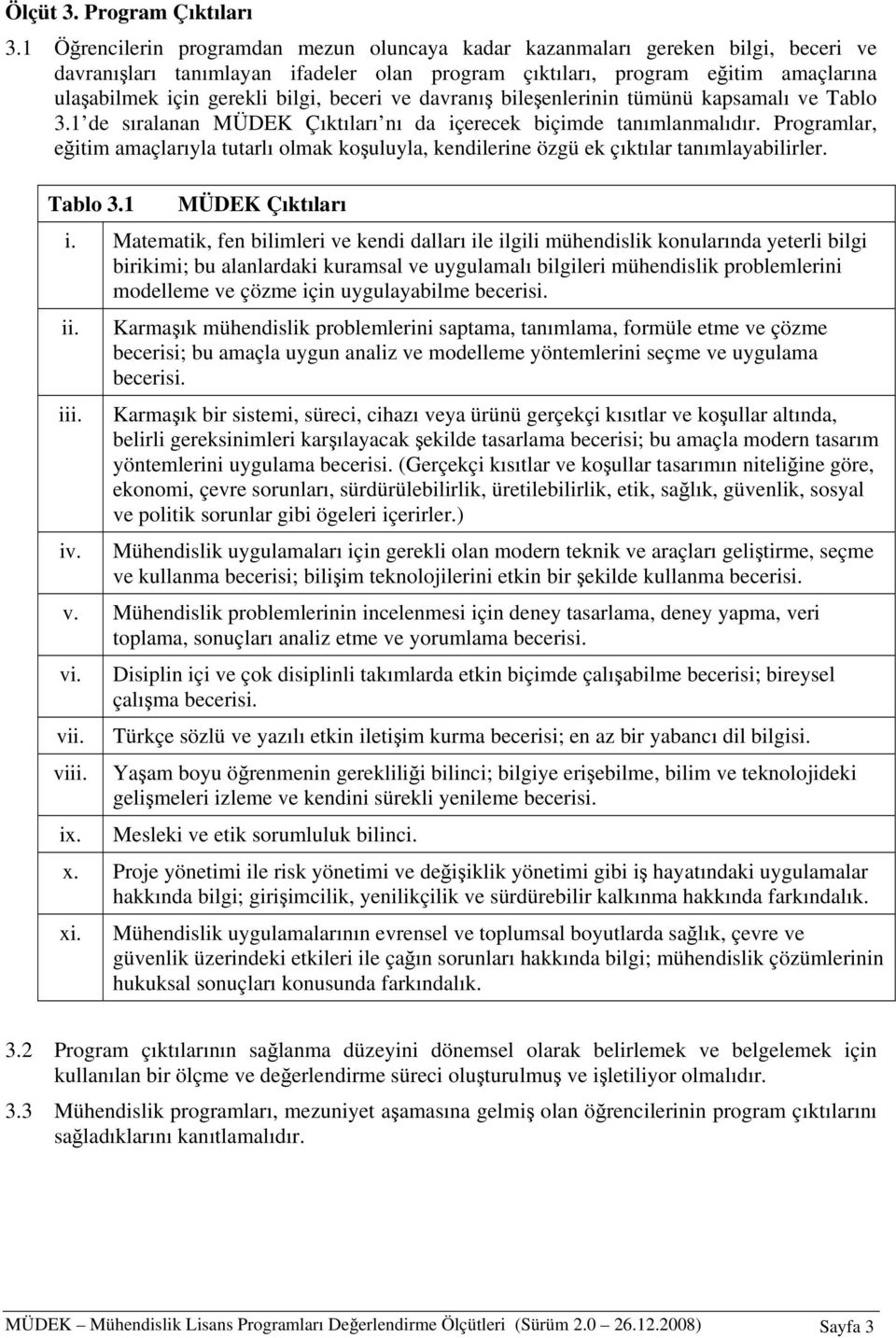 beceri ve davranış bileşenlerinin tümünü kapsamalı ve Tablo 3.1 de sıralanan MÜDEK Çıktıları nı da içerecek biçimde tanımlanmalıdır.