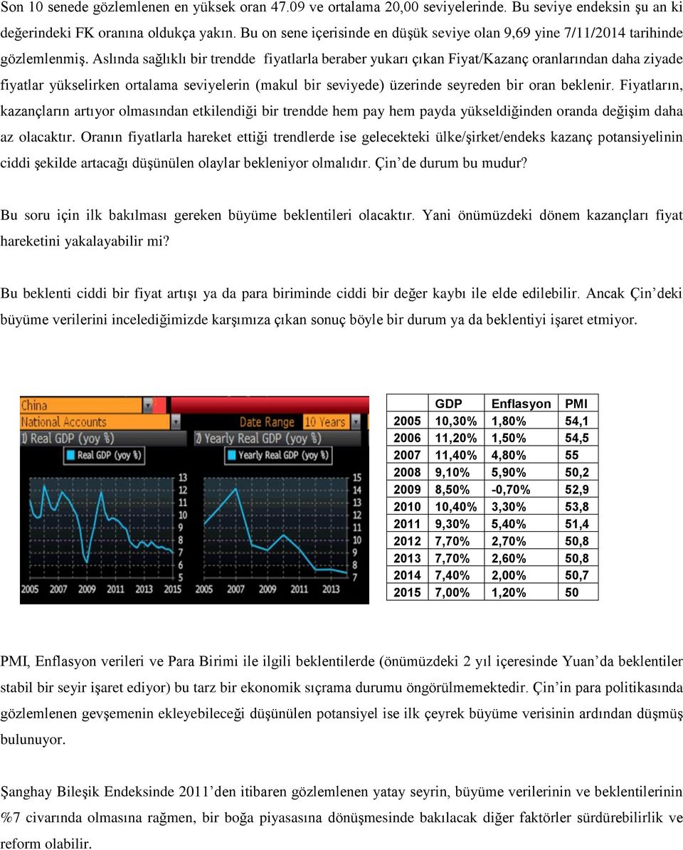 Aslında sağlıklı bir trendde fiyatlarla beraber yukarı çıkan Fiyat/Kazanç oranlarından daha ziyade fiyatlar yükselirken ortalama seviyelerin (makul bir seviyede) üzerinde seyreden bir oran beklenir.