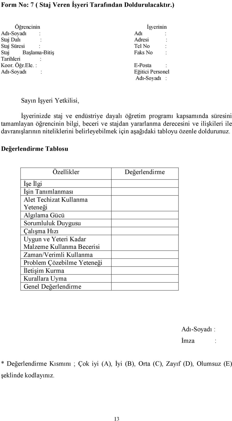 ilişkileri ile davranışlarının niteliklerini belirleyebilmek için aşağıdaki tabloyu özenle doldurunuz.