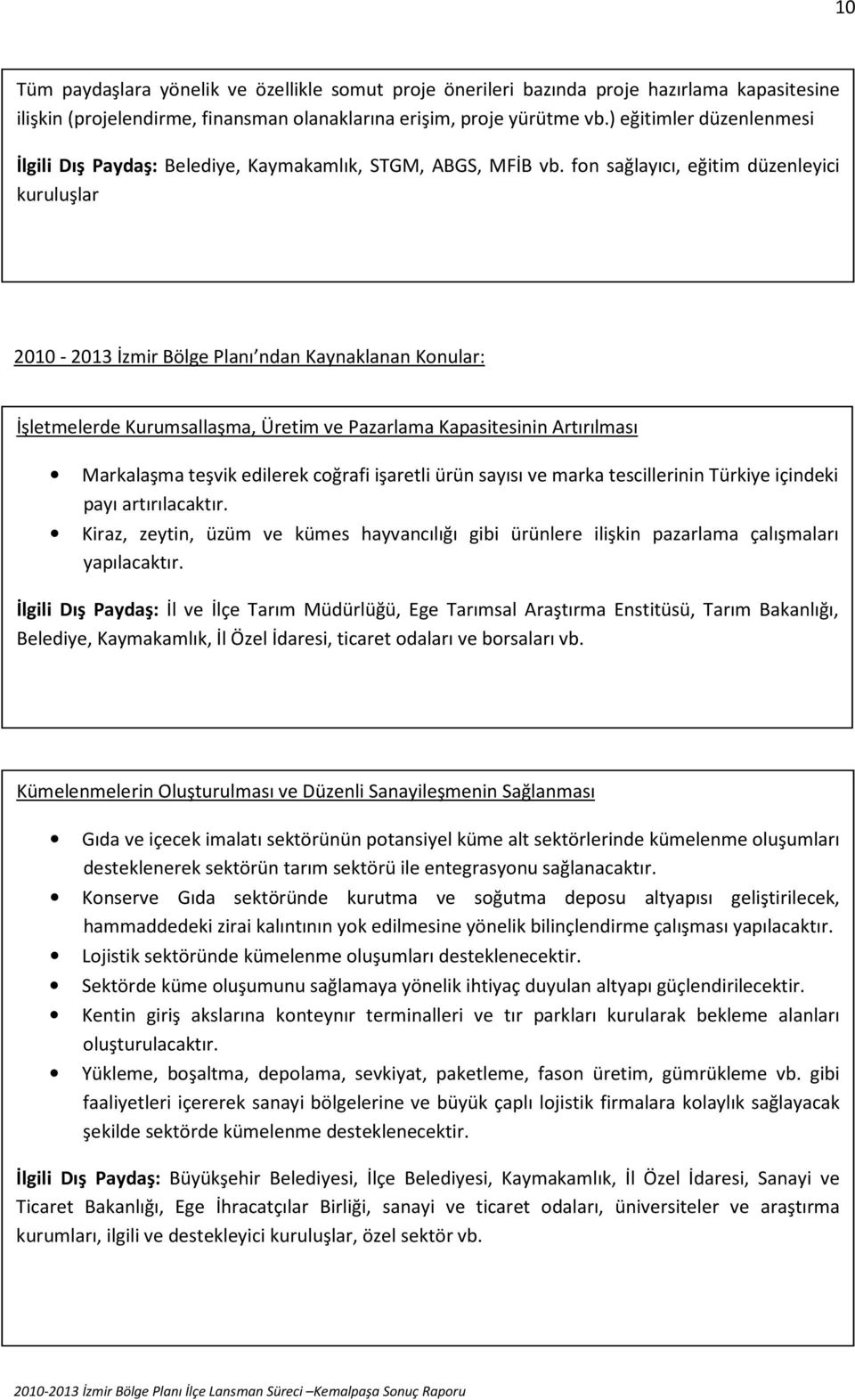 fon sağlayıcı, eğitim düzenleyici kuruluşlar 2010-2013 İzmir Bölge Planı ndan Kaynaklanan Konular: İşletmelerde Kurumsallaşma, Üretim ve Pazarlama Kapasitesinin Artırılması Markalaşma teşvik edilerek