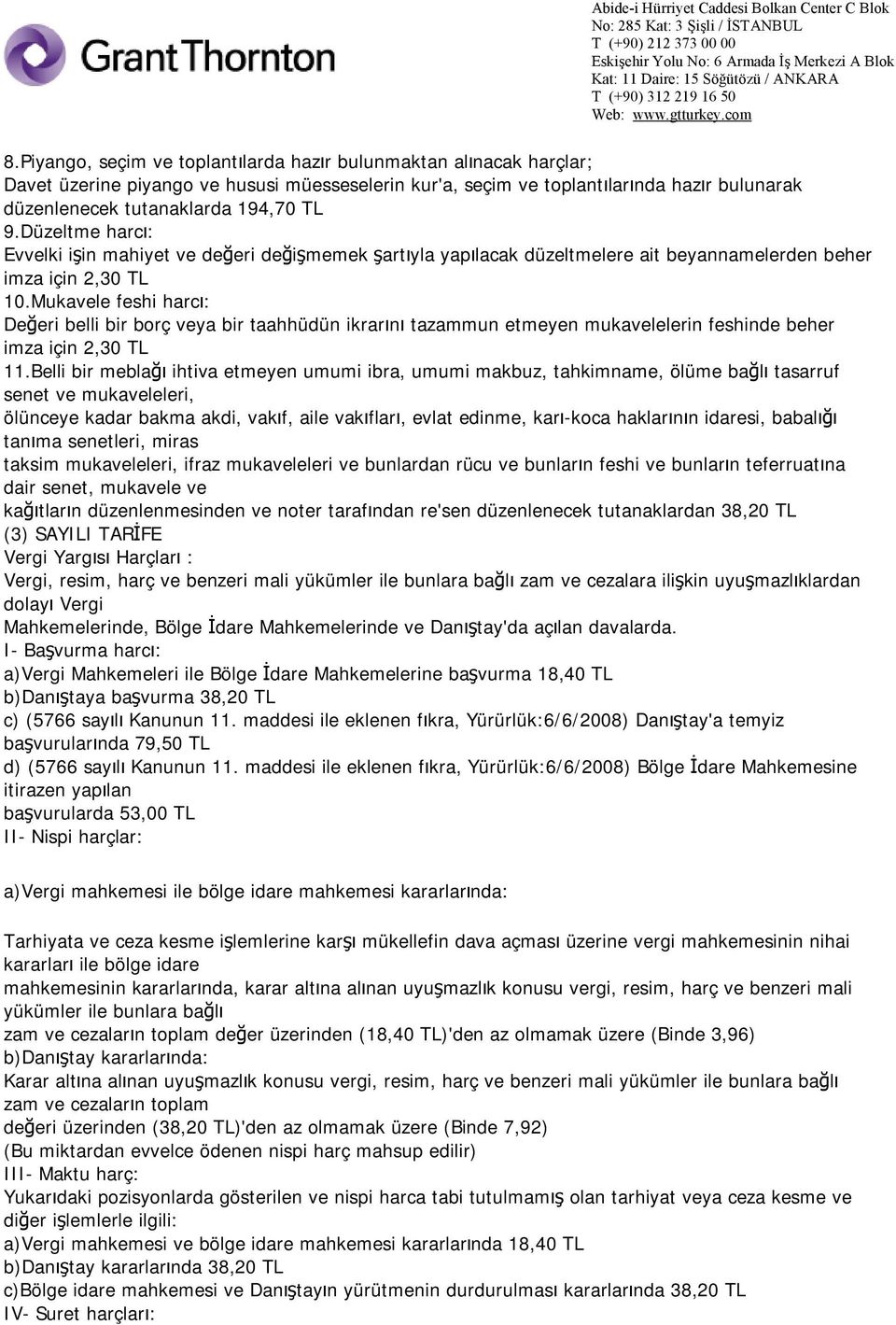 Mukavele feshi harcı: Değeri belli bir borç veya bir taahhüdün ikrarını tazammun etmeyen mukavelelerin feshinde beher imza için 2,30 TL 11.