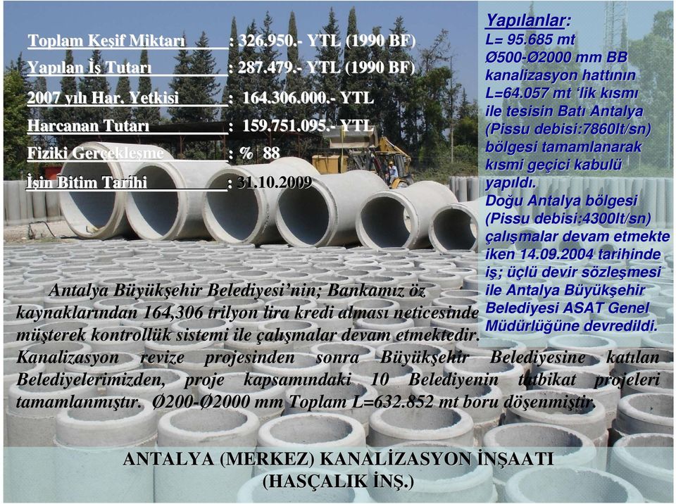 2009 Antalya Büyükşehir Belediyesi nin; Bankamız öz kaynaklarından 164,306 trilyon lira kredi alması neticesinde müşterek kontrollük sistemi ile çalışmalar devam etmektedir. Yapılanlar lanlar: L= 95.