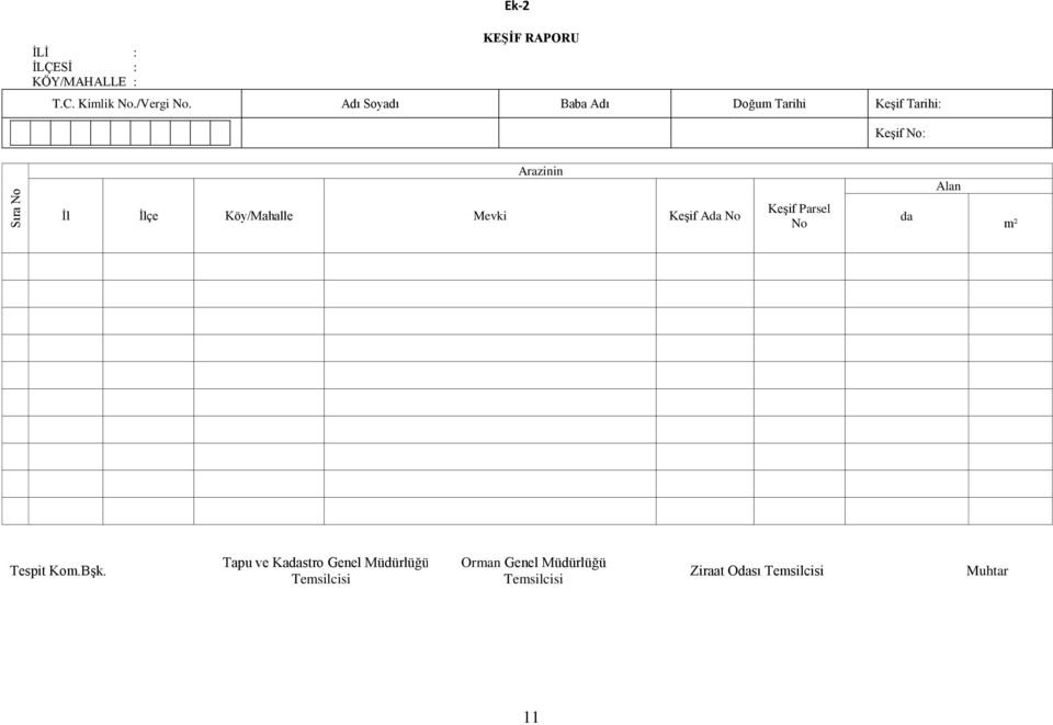 Köy/Mahalle Mevki Keşif Ada No Keşif Parsel No da m² Tespit Kom.Bşk.