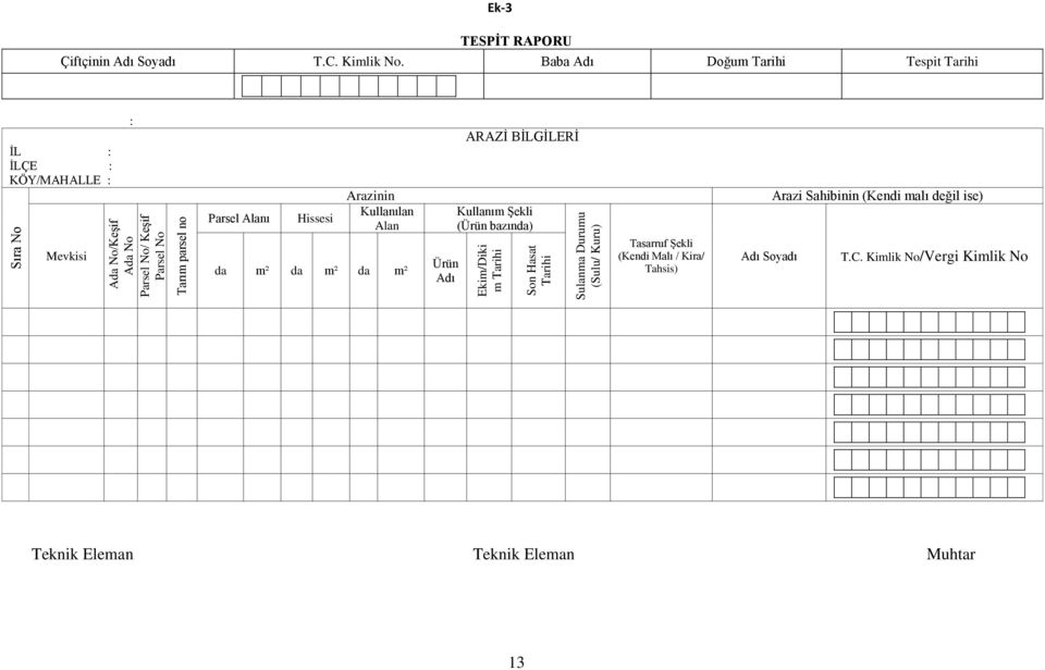 Baba Adı Doğum Tarihi Tespit Tarihi İL : İLÇE : KÖY/MAHALLE : Mevkisi : Parsel Alanı Hissesi Arazinin Kullanılan Alan da m² da m² da m²