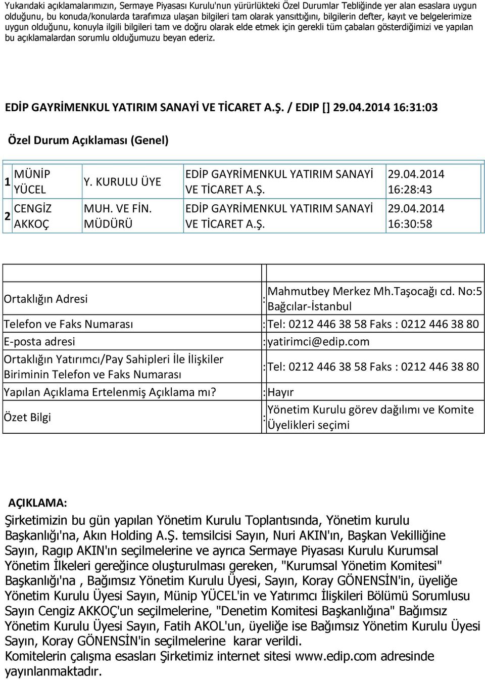 sorumlu olduğumuzu beyan ederiz. EDİP GAYRİMENKUL YATIRIM SANAYİ VE TİCARET A.Ş. / EDIP [] 29.04.2014 16:31:03 Özel Durum Açıklaması (Genel) 1 MÜNİP YÜCEL Y.