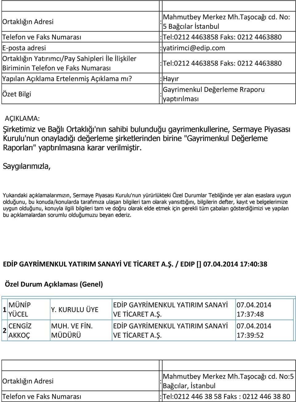 : Hayır Özet Bilgi Gayrimenkul Değerleme Rraporu : yaptırılması AÇIKLAMA: Şirketimiz ve Bağlı Ortaklığı'nın sahibi bulunduğu gayrimenkullerine, Sermaye Piyasası Kurulu'nun onayladığı değerleme