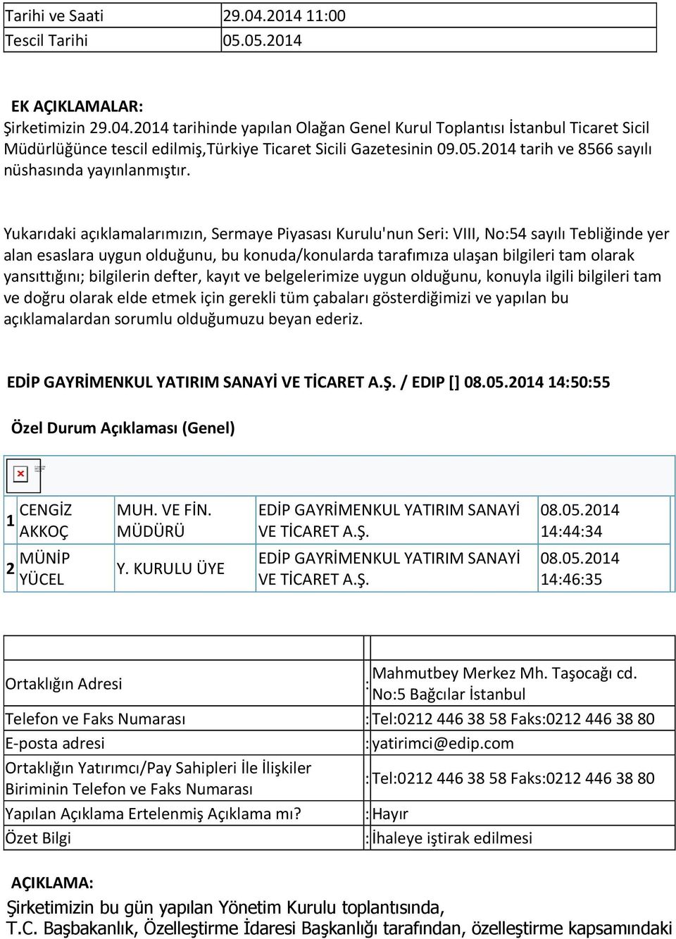 2014 tarihinde yapılan Olağan Genel Kurul Toplantısı İstanbul Ticaret Sicil Müdürlüğünce tescil edilmiş,türkiye Ticaret Sicili Gazetesinin 09.05.2014 tarih ve 8566 sayılı nüshasında yayınlanmıştır.