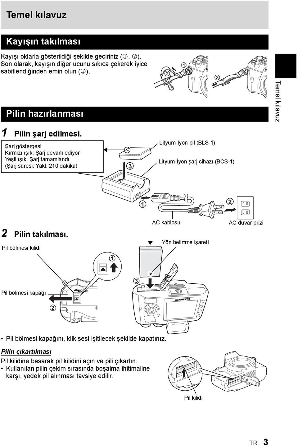210 dakika) 3 Lityum-İyon pil (BLS-1) Lityum-İyon şarj cihazı (BCS-1) 1 2 2 Pilin takılması.