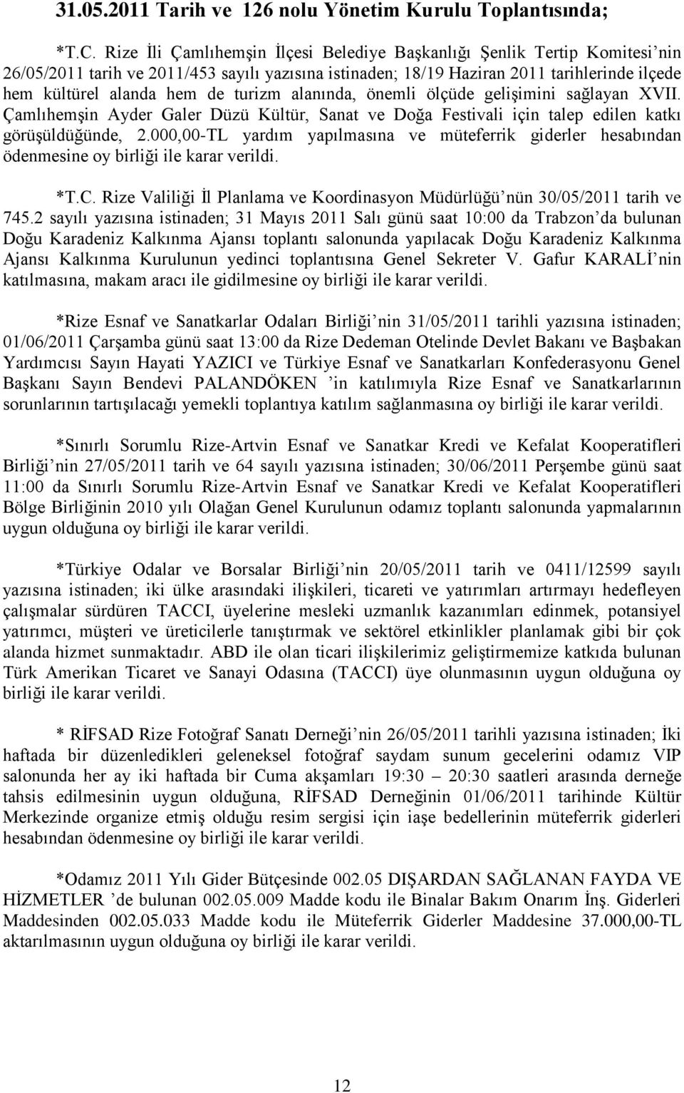 turizm alanında, önemli ölçüde gelişimini sağlayan XVII. Çamlıhemşin Ayder Galer Düzü Kültür, Sanat ve Doğa Festivali için talep edilen katkı görüşüldüğünde, 2.