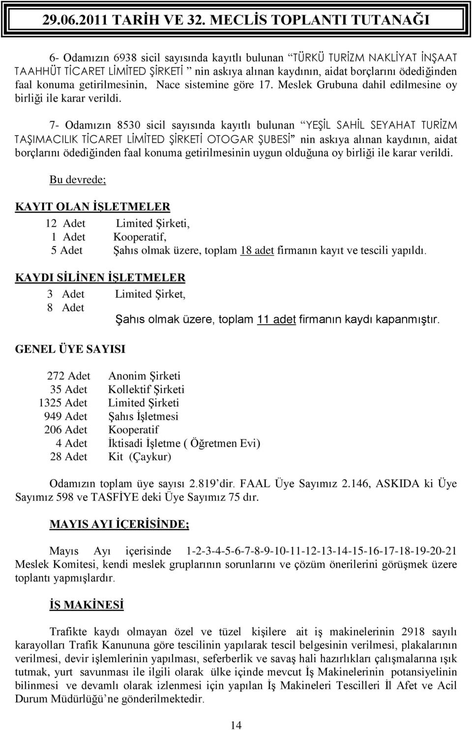 7- Odamızın 8530 sicil sayısında kayıtlı bulunan YEŞİL SAHİL SEYAHAT TURİZM TAŞIMACILIK TİCARET LİMİTED ŞİRKETİ OTOGAR ŞUBESİ nin askıya alınan kaydının, aidat borçlarını ödediğinden faal konuma