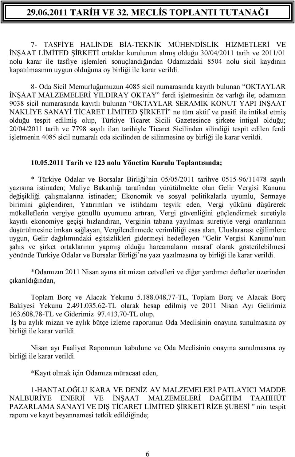 8- Oda Sicil Memurluğumuzun 4085 sicil numarasında kayıtlı bulunan OKTAYLAR İNŞAAT MALZEMELERİ YILDIRAY OKTAY ferdi işletmesinin öz varlığı ile; odamızın 9038 sicil numarasında kayıtlı bulunan