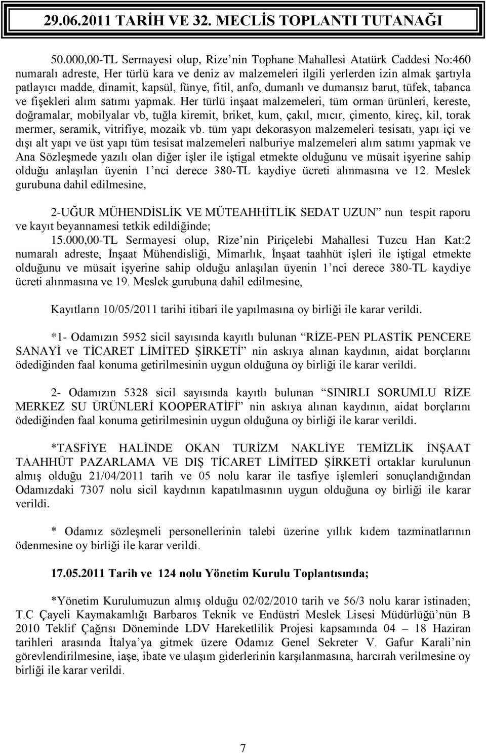 Her türlü inşaat malzemeleri, tüm orman ürünleri, kereste, doğramalar, mobilyalar vb, tuğla kiremit, briket, kum, çakıl, mıcır, çimento, kireç, kil, torak mermer, seramik, vitrifiye, mozaik vb.