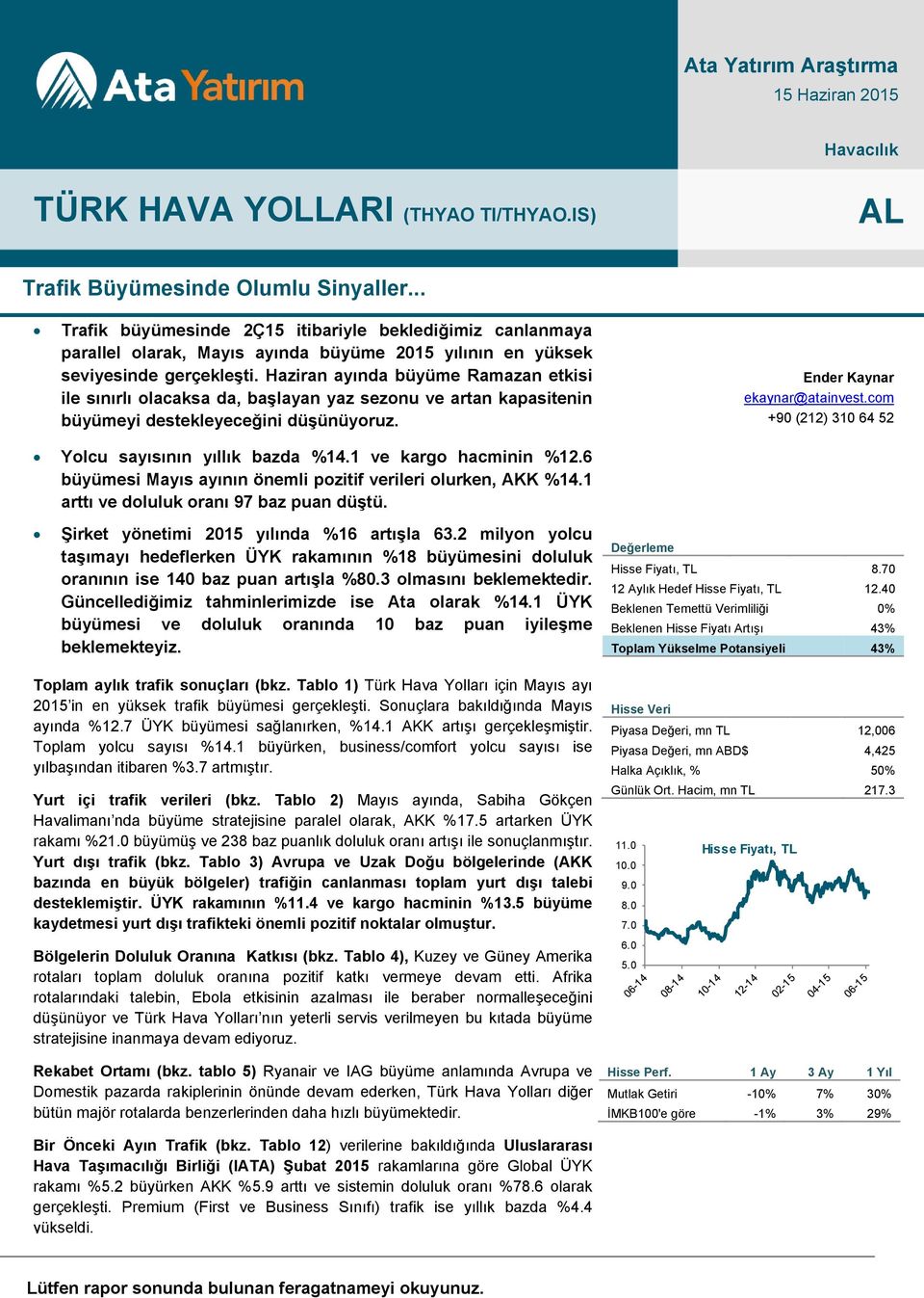 Haziran ayında büyüme Ramazan etkisi ile sınırlı olacaksa da, başlayan yaz sezonu ve artan kapasitenin büyümeyi destekleyeceğini düşünüyoruz. Ender Kaynar ekaynar@atainvest.