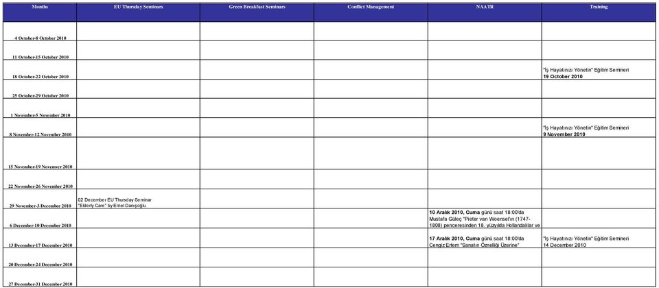 November-26 November 2010 29 November-3 December 2010 6 December-10 December 2010 02 December EU Thursday Seminar "Elderly Care" by Emel Danışoğlu 10 Aralık 2010, Cuma günü saat 18:00'da Mustafa