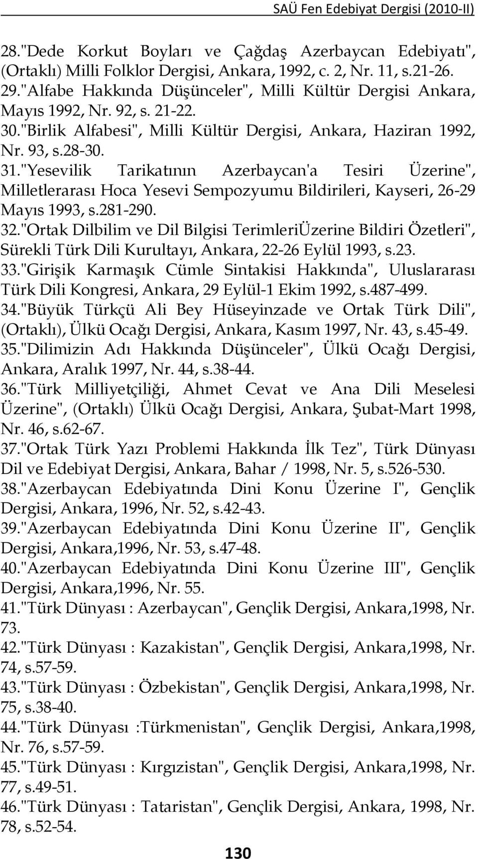"Yesevilik Tarikatının Azerbaycan'a Tesiri Üzerine", Milletlerarası Hoca Yesevi Sempozyumu Bildirileri, Kayseri, 26-29 Mayıs 1993, s.281-290. 32.
