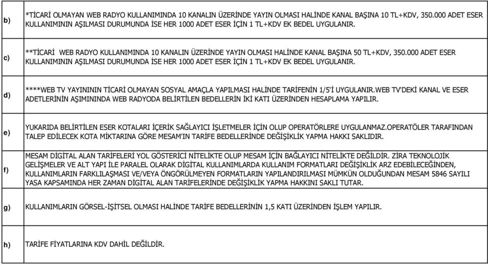 c) **TİCARİ WEB RADYO KULLANIMINDA 10 KANALIN ÜZERİNDE YAYIN OLMASI HALİNDE KANAL BAŞINA 50 TL+KDV, 350.