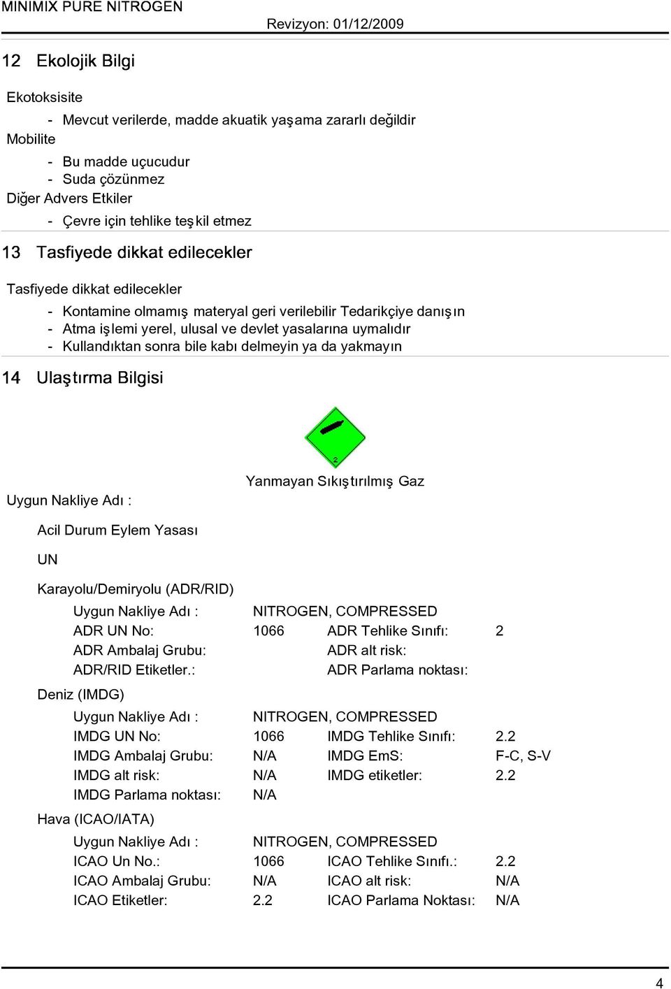 Yanmayan Sýkýþtýrýlmýþ Gaz Acil Durum Eylem Yasasý UN Karayolu/Demiryolu (ADR/RID) ADR UN No: 1066 ADR Tehlike Sýnýfý: 2 ADR Ambalaj Grubu: ADR alt risk: ADR/RID Etiketler.