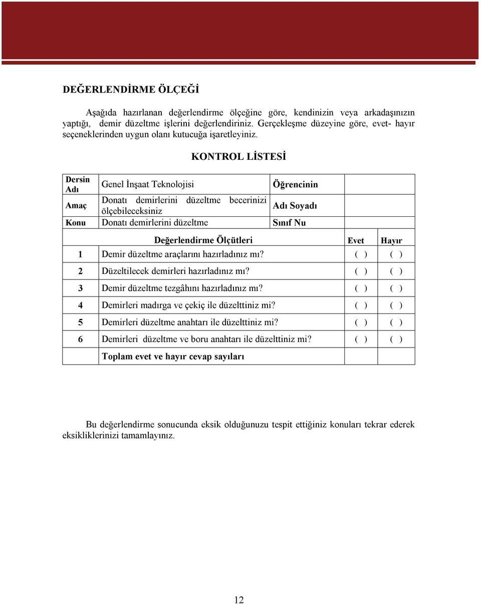 KONTROL LİSTESİ Dersin Genel İnşaat Teknolojisi Öğrencinin Adı Donatı demirlerini düzeltme becerinizi Amaç Adı Soyadı ölçebileceksiniz Konu Donatı demirlerini düzeltme Sınıf Nu Değerlendirme