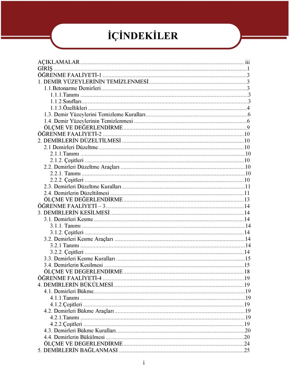 ..10 2.1.1.Tanımı...10 2.1.2. Çeşitleri...10 2.2. Demirleri Düzeltme Araçları...10 2.2.1. Tanımı...10 2.2.2. Çeşitleri...10 2.3. Demirleri Düzeltme Kuralları...11 2.4. Demirlerin Düzeltilmesi.