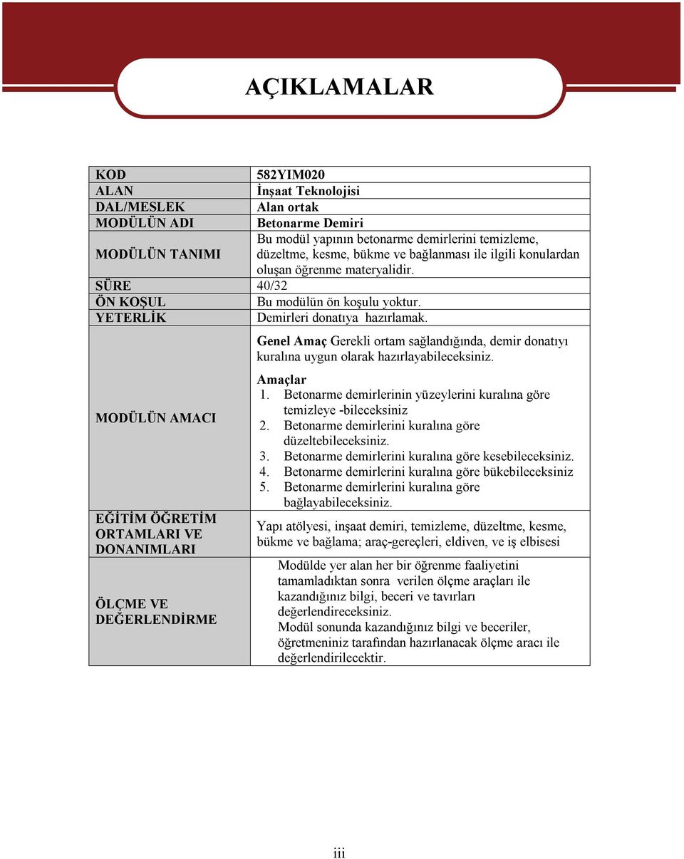 MODÜLÜN AMACI EĞİTİM ÖĞRETİM ORTAMLARI VE DONANIMLARI ÖLÇME VE DEĞERLENDİRME AÇIKLAMALAR Genel Amaç Gerekli ortam sağlandığında, demir donatıyı kuralına uygun olarak hazırlayabileceksiniz. Amaçlar 1.