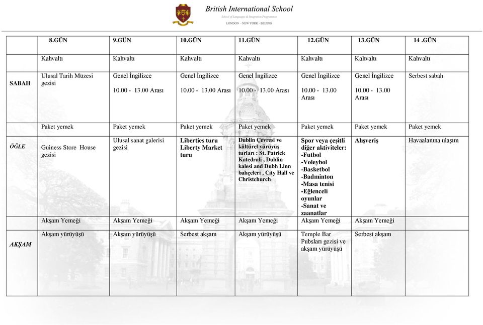 00 Arası Serbest sabah Paket yemek Paket yemek Paket yemek Paket yemek Paket yemek Paket yemek Paket yemek ÖĞLE Guiness Store House gezisi Ulusal sanat galerisi gezisi Liberties turu Liberty Market