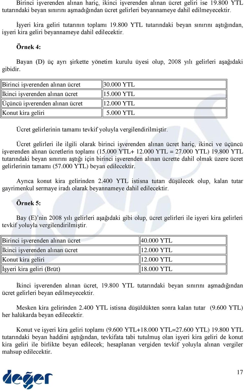 Örnek 4: Bayan (D) üç ayrı şirkette yönetim kurulu üyesi olup, 2008 yılı gelirleri aşağıdaki gibidir.