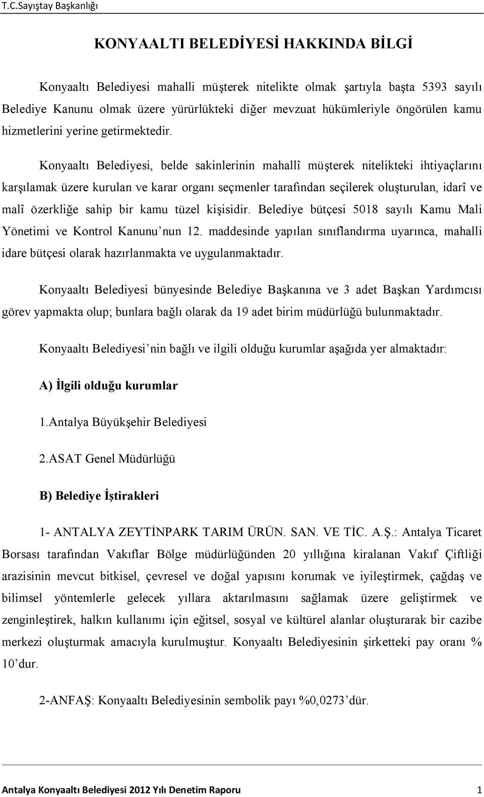 Konyaaltı Belediyesi, belde sakinlerinin mahallî müşterek nitelikteki ihtiyaçlarını karşılamak üzere kurulan ve karar organı seçmenler tarafından seçilerek oluşturulan, idarî ve malî özerkliğe sahip