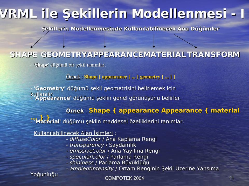 ... } } Örnek : Shape { appearance Appearance { material - 'Material'' düğümü şeklin maddesel özelliklerini tanımlar.