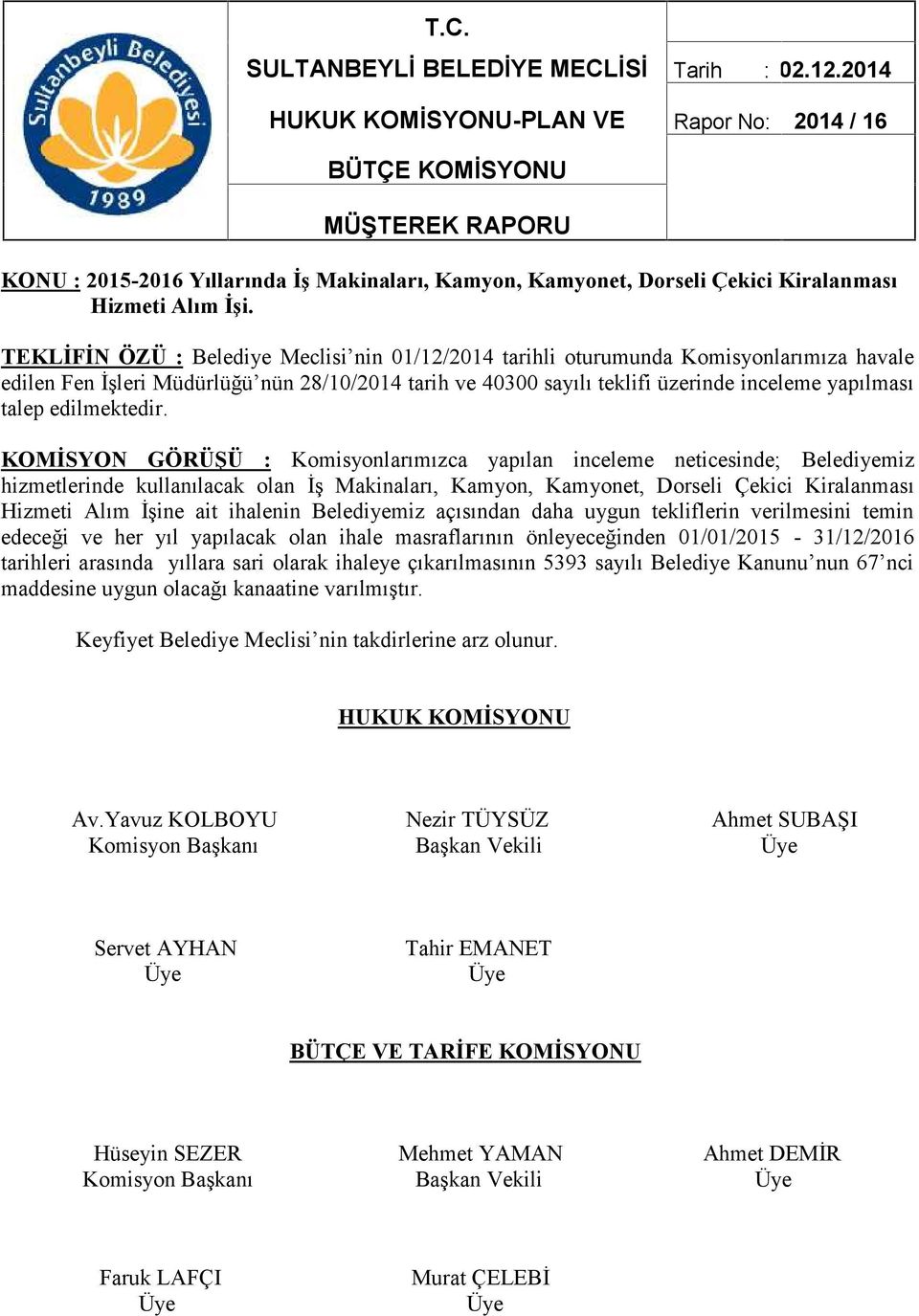 TEKLİFİN ÖZÜ : Belediye Meclisi nin 01/12/2014 tarihli oturumunda Komisyonlarımıza havale edilen Fen İşleri Müdürlüğü nün 28/10/2014 tarih ve 40300 sayılı teklifi üzerinde inceleme yapılması talep