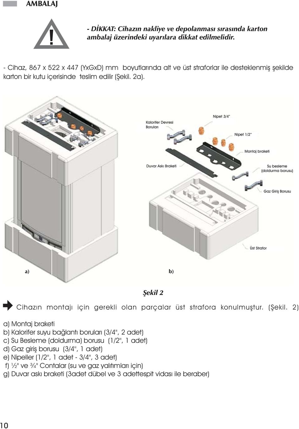 Kalorifer Devresi Borularý Nipet 3/4 Nipet 1/2 Montaj braketi Duvar Aský Braketi Su besleme (doldurma borusu) Gaz Giriþ Borusu Üst Strafor a) b) Þekil 2 Cihazýn montajý için gerekli olan parçalar üst