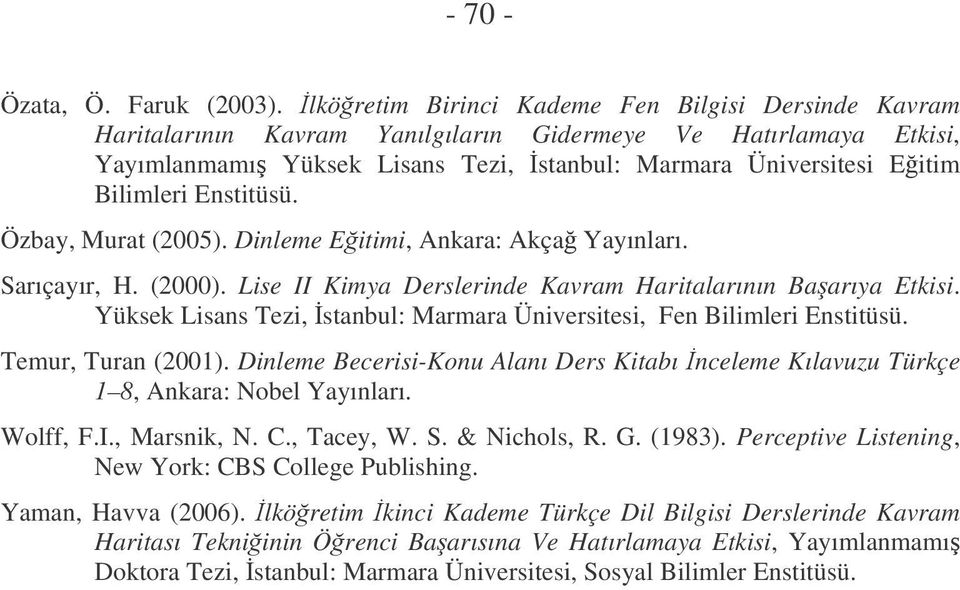 Enstitüsü. Özbay, Murat (2005). Dinleme Eitimi, Ankara: Akça Yayınları. Sarıçayır, H. (2000). Lise II Kimya Derslerinde Kavram Haritalarının Baarıya Etkisi.