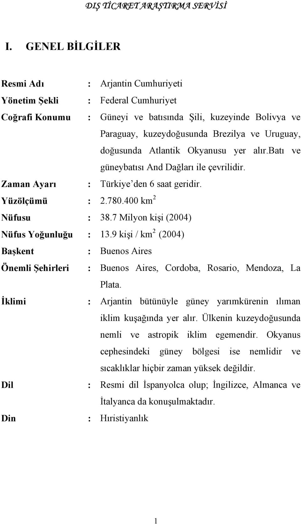 7 Milyon kişi (2004) Nüfus Yoğunluğu : 13.9 kişi / km 2 (2004) Başkent : Buenos Aires Önemli Şehirleri : Buenos Aires, Cordoba, Rosario, Mendoza, La Plata.