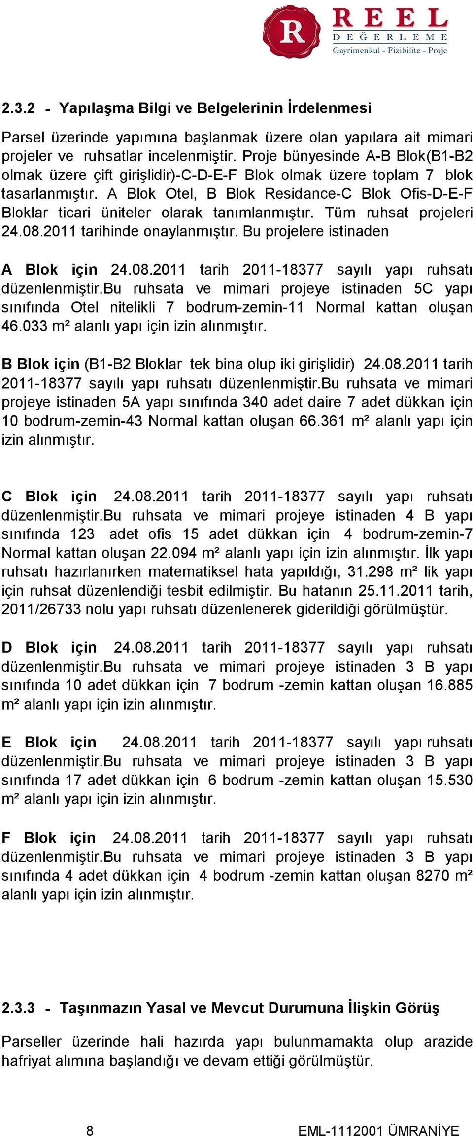 A Blok Otel, B Blok Residance-C Blok Ofis-D-E-F Bloklar ticari üniteler olarak tanımlanmıştır. Tüm ruhsat projeleri 24.08.2011 tarihinde onaylanmıştır. Bu projelere istinaden A Blok için 24.08.2011 tarih 2011-18377 sayılı yapı ruhsatı düzenlenmiştir.