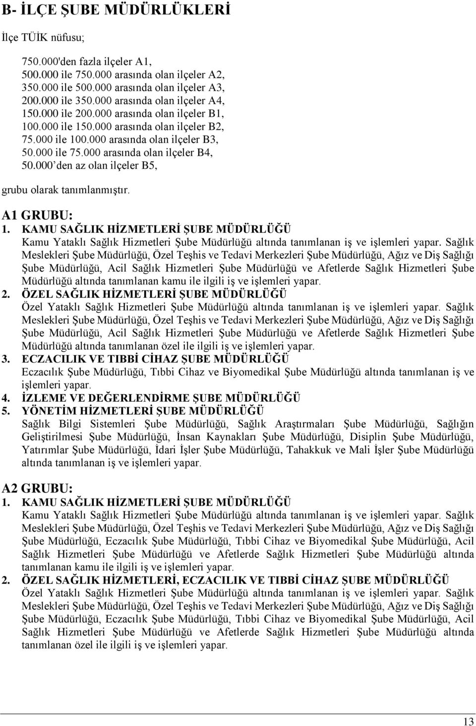 000 arasında olan ilçeler B4, 50.000 den az olan ilçeler B5, grubu olarak tanımlanmıştır. A1 GRUBU: 1.