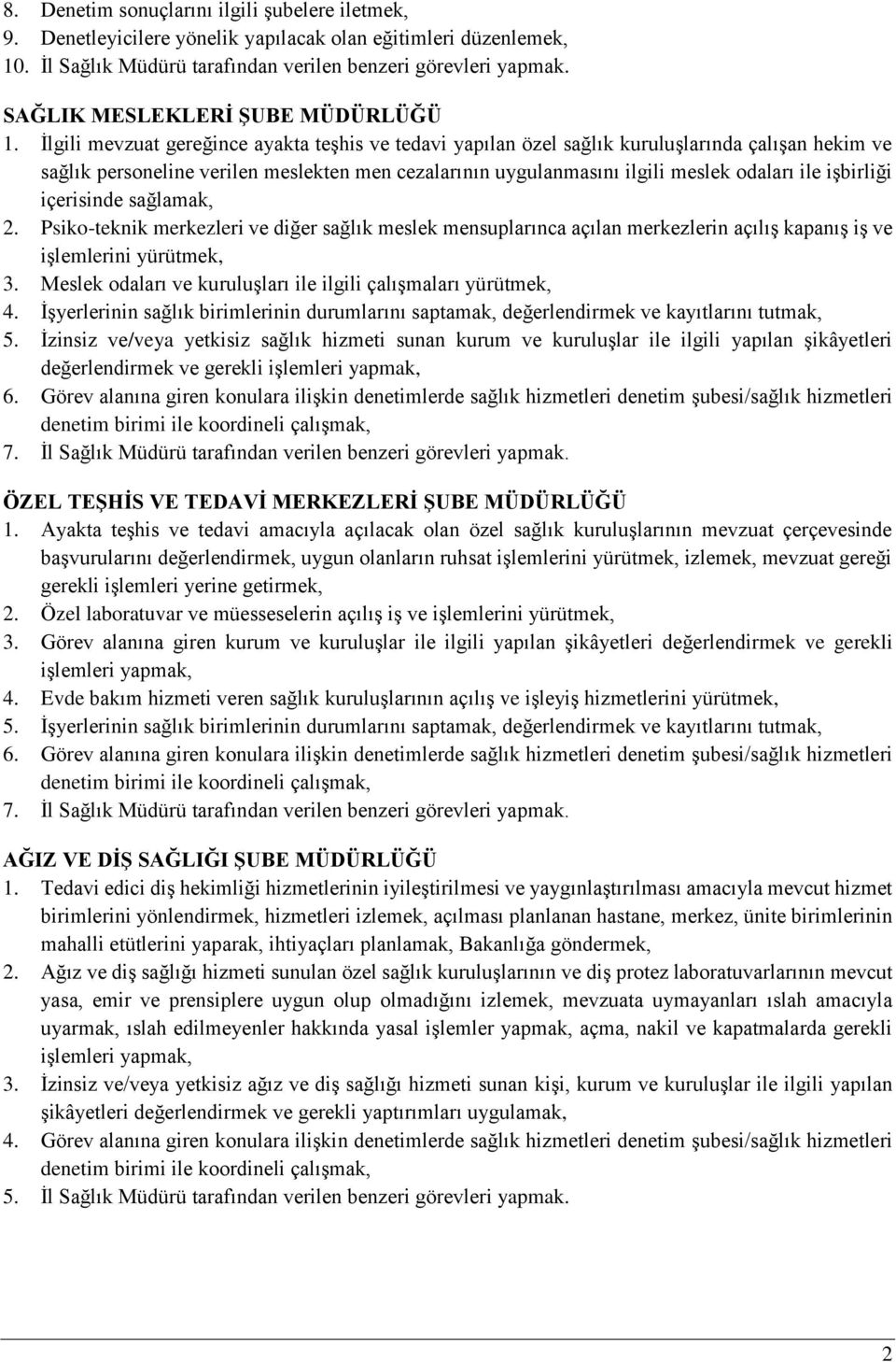 İlgili mevzuat gereğince ayakta teşhis ve tedavi yapılan özel sağlık kuruluşlarında çalışan hekim ve sağlık personeline verilen meslekten men cezalarının uygulanmasını ilgili meslek odaları ile