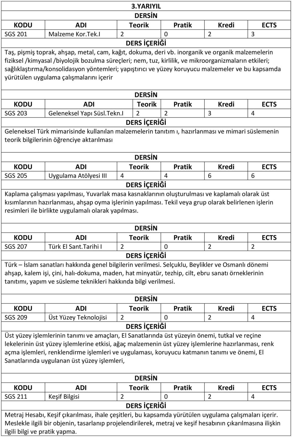 koruyucu malzemeler ve bu kapsamda yürütülen uygulama çalışmalarını içerir SGS 203 Geleneksel Yapı Süsl.Tekn.