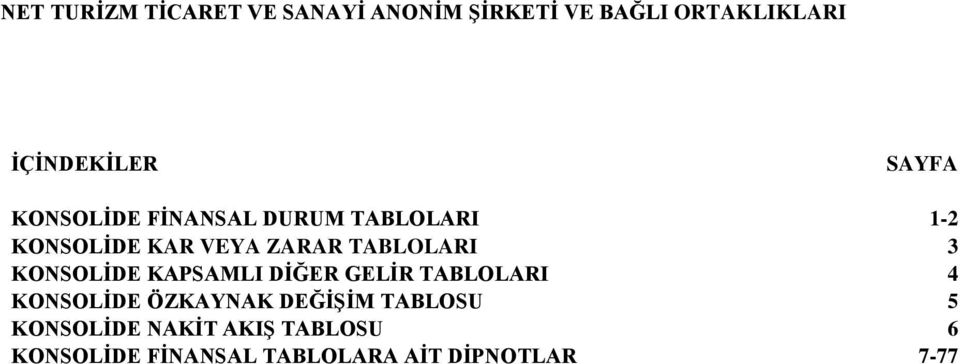 GELİR TABLOLARI 4 KONSOLİDE ÖZKAYNAK DEĞİŞİM TABLOSU 5