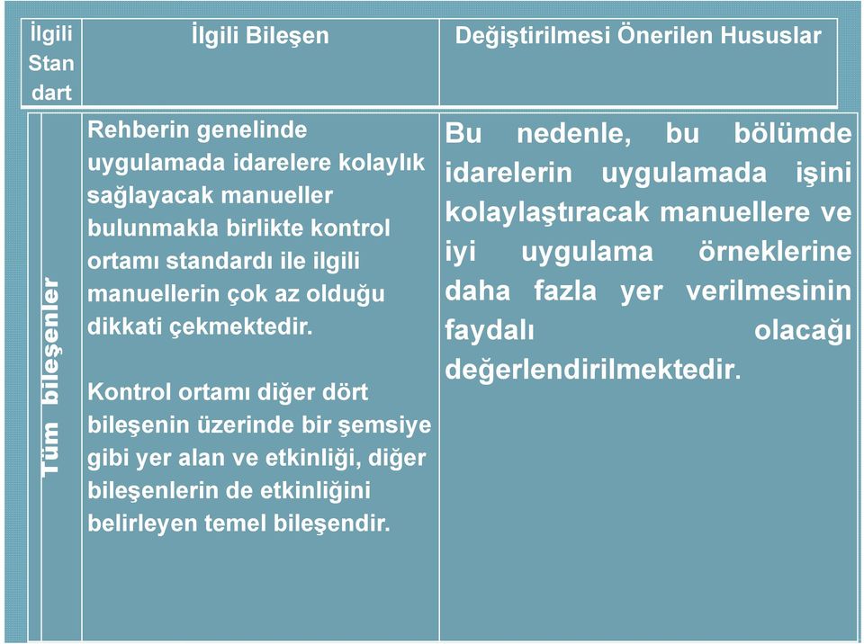 Kontrol ortamı diğer dört bileşenin üzerinde bir şemsiye gibi yer alan ve etkinliği, diğer bileşenlerin de etkinliğini