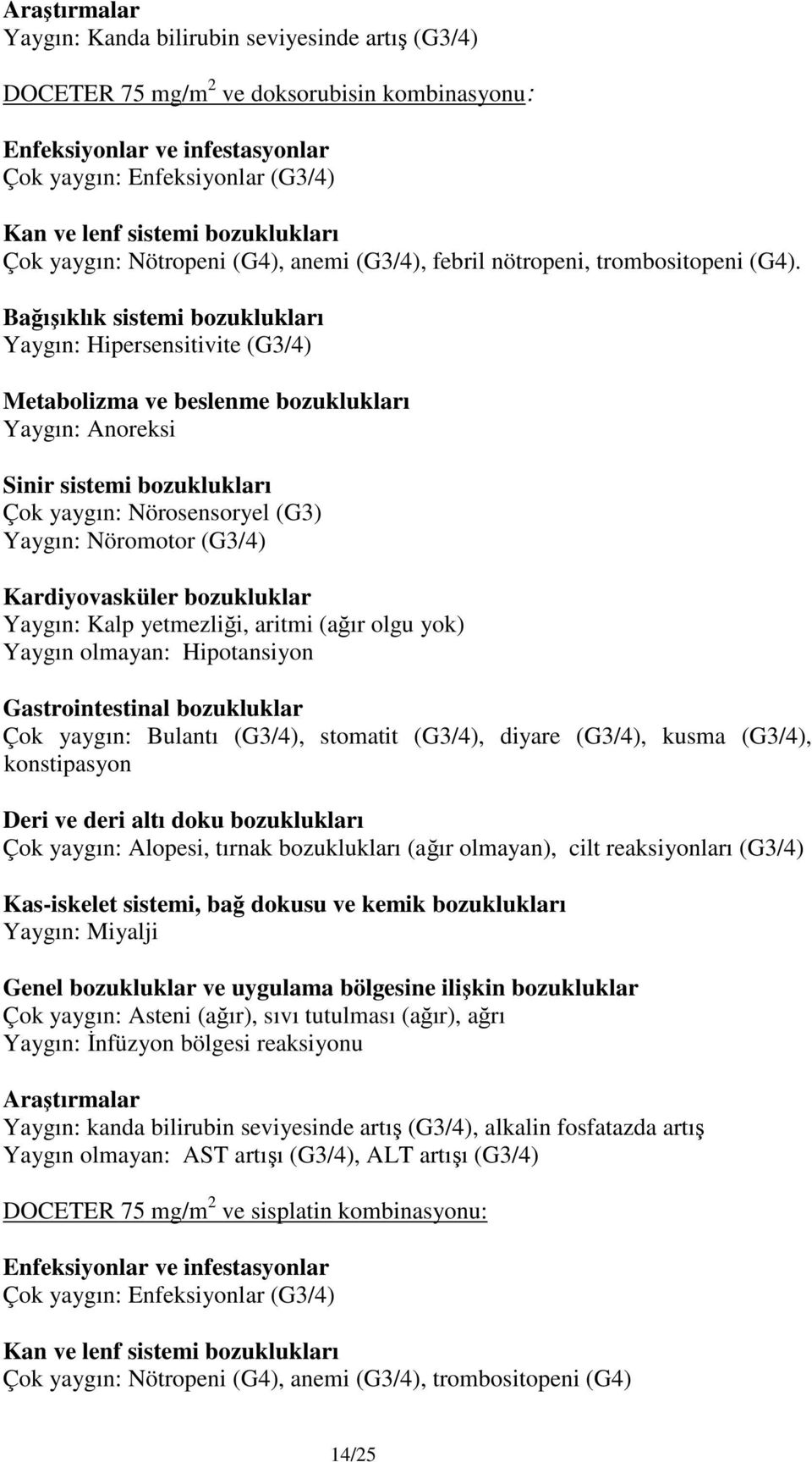 Bağışıklık sistemi bozuklukları Yaygın: Hipersensitivite (G3/4) Metabolizma ve beslenme bozuklukları Yaygın: Anoreksi Sinir sistemi bozuklukları Çok yaygın: Nörosensoryel (G3) Yaygın: Nöromotor